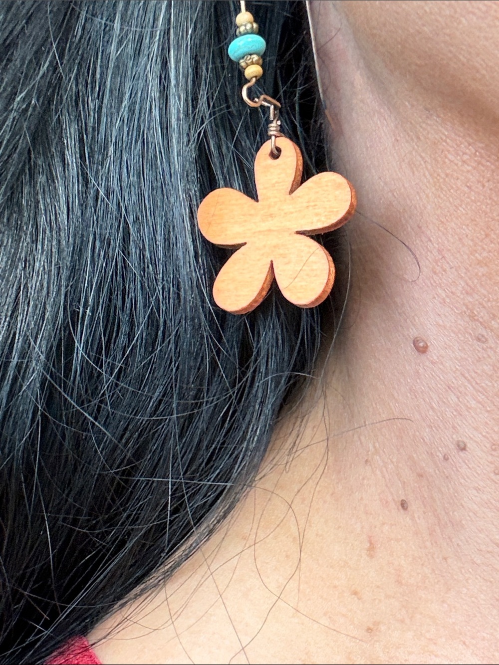 Wood Flower Drop Earrings with Turquoise Accent - Tan